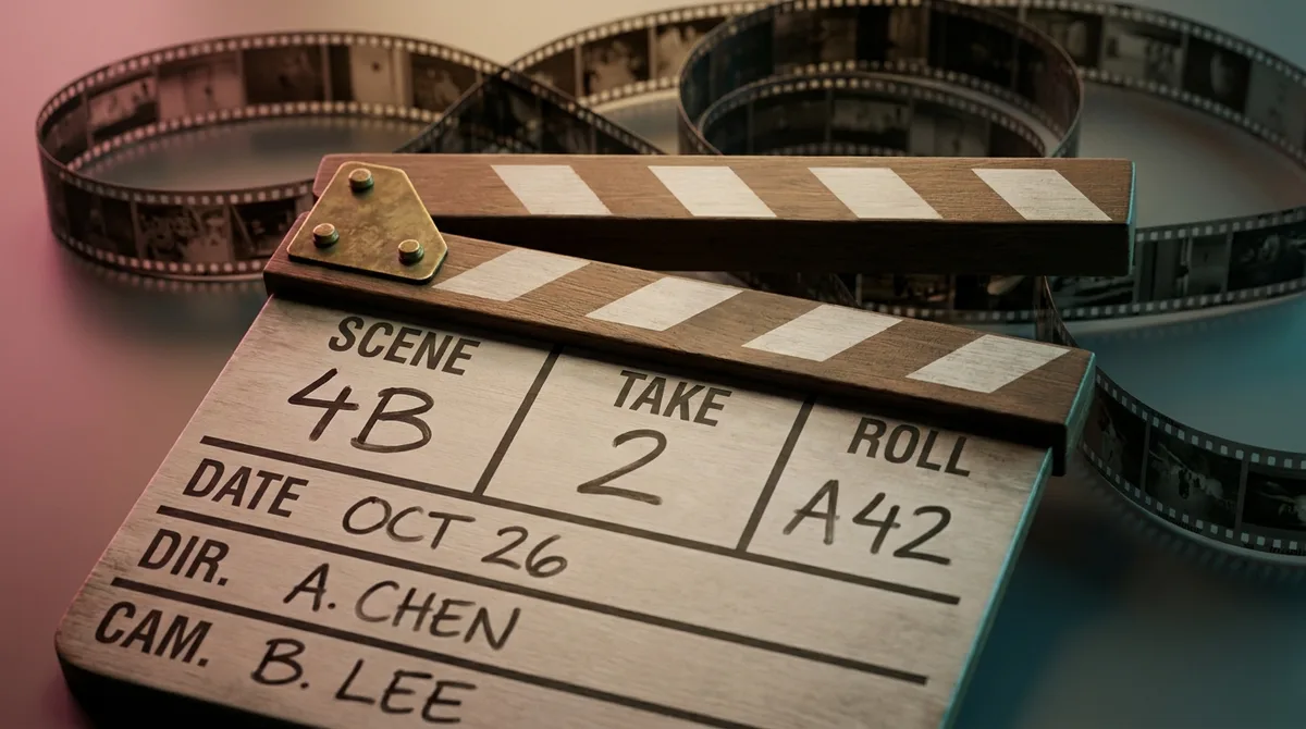 A clapperboard sits on film reel strips, representing video production and movie making.