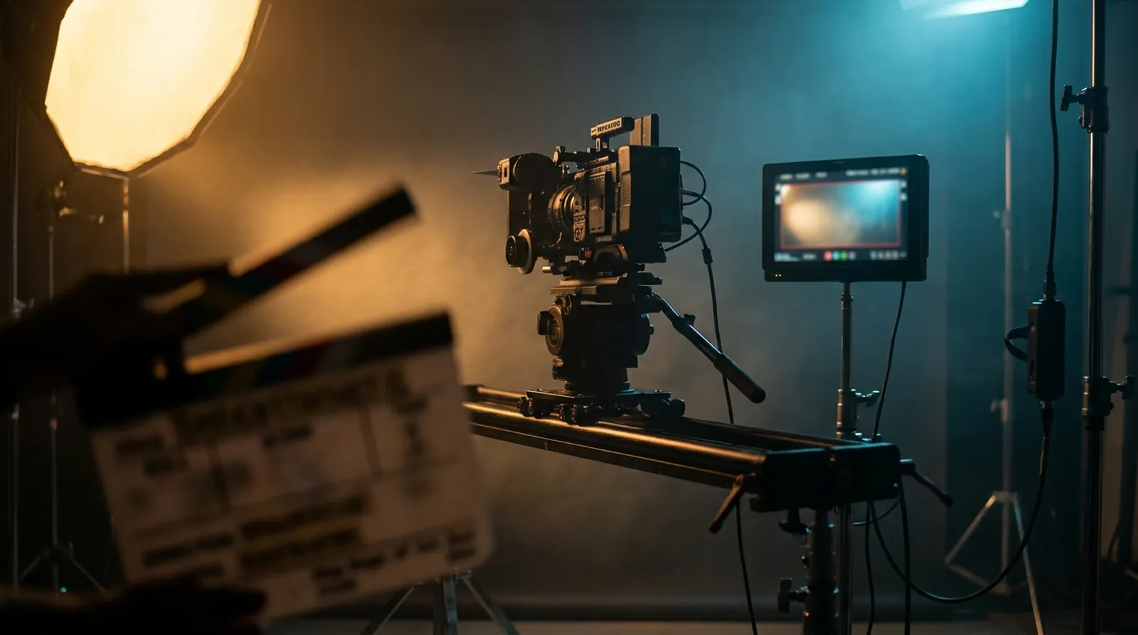 A film crew sets up a professional camera and lighting on set for video production.