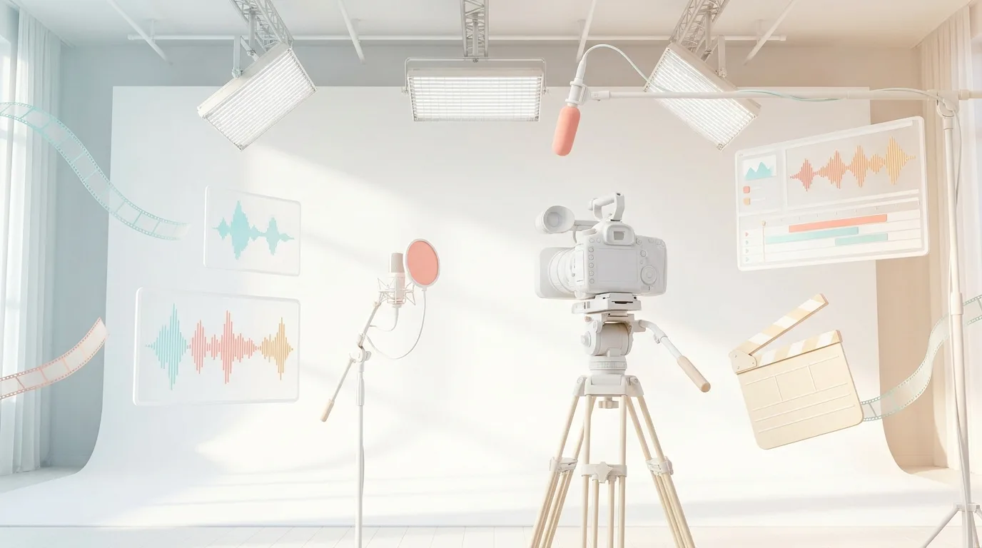 A film studio setup with camera, lights and audio recording equipment for professional video production.