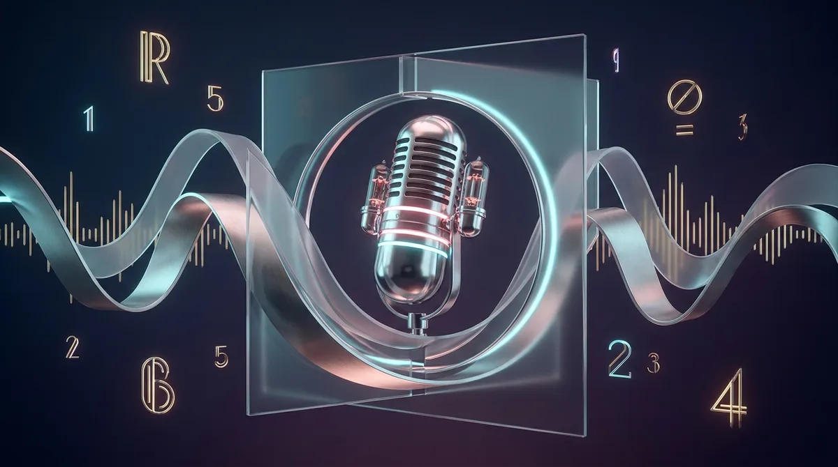 A vintage microphone sits within a glowing abstract sound wave design for podcast cover art.