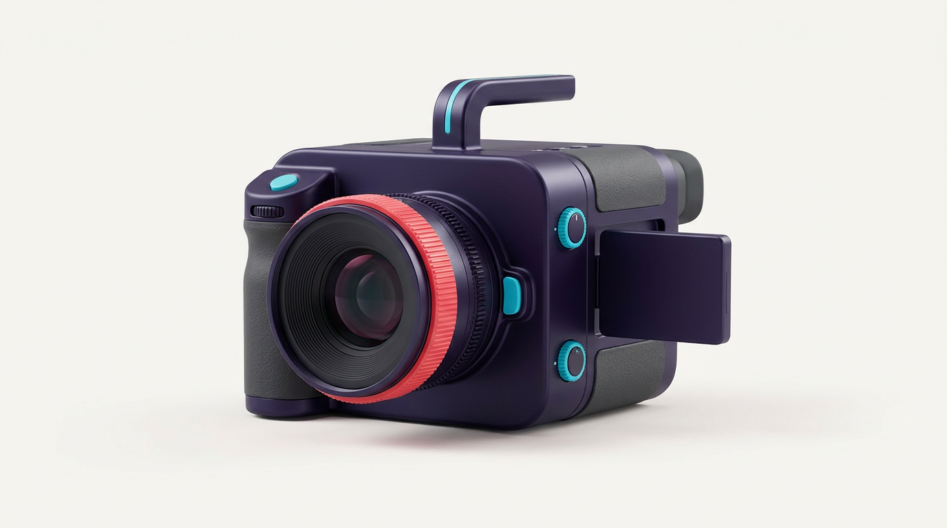 A purple cinema camera with accessories is shown, representing our video production services.