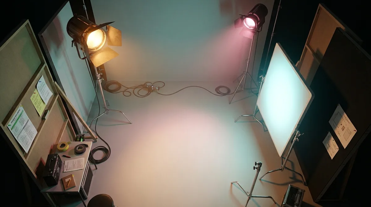 A film set shows studio lighting and storyboards, demonstrating professional video production.